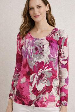 Talbots Women's Small 100% Merino Wool Sweater Pink Gray Floral Lightweight Knit